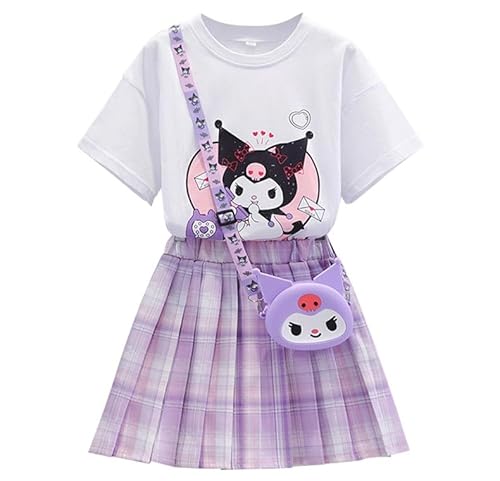 Satdflie Cartoon Rock Set Mädchen T Shirt und Faltenrock A-Linie Kariert Mini Röcke und Tasche 3 Teiliges Sommer Outfit, Rosa, 4XS von Satdflie