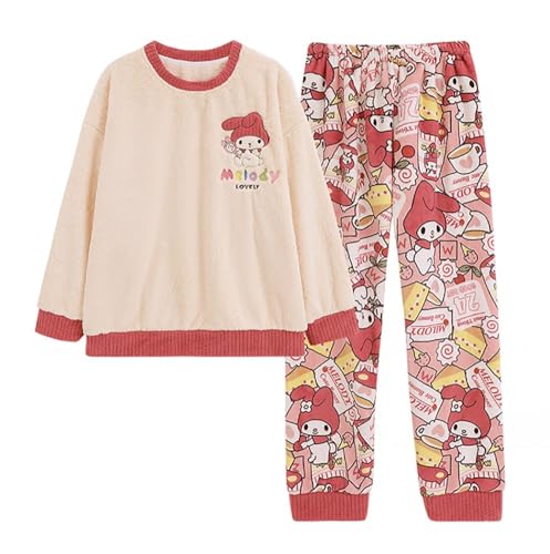 Satdflie Cartoon Schlafanzug Damen Mädchen Lang Flanell Pyjama Set Langarm Fleecepullover und Pyjamahose Winter Zweiteiliger Nachtwäsche Hausanzug, Rot/1, L von Satdflie