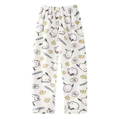 Satdflie Pochacco Damen Schlafanzughose Lang Fleece Pyjamahose Winter Warme Plüsch Haushose Freizeithose Nachtwäsche Hose mit Taschen, Weiß, M von Satdflie