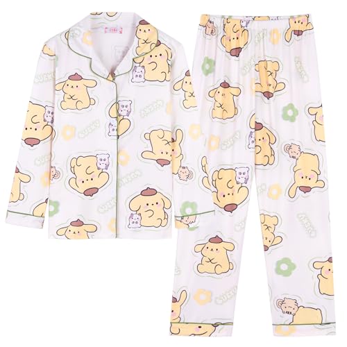 Satdflie Cartoon Pyjama Damen Mädchen Lang Schlafanzug mit Knöpfen Langarmshirt und Pyjamahose Zweiteiliger Nachtwäsche Lounge Set, Gelb, XS von Satdflie