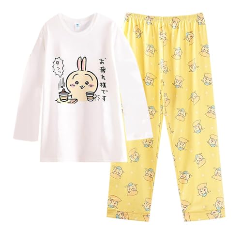 Satdflie Cartoon Schlafanzug Damen Mädchen Lang Rundhals Pyjama Set Langarmshirt und Pyjamahose Zweiteiliger Nachtwäsche Hausanzug, Gelb/1, L von Satdflie