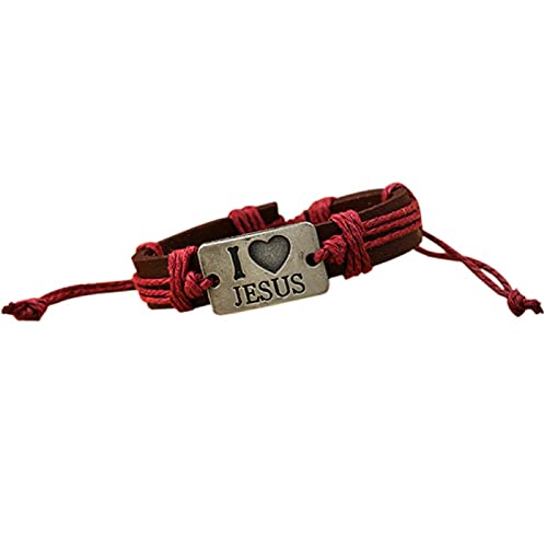 Bohemian Simple Bracelet Summer Party Gift Unisex I LOVE JESUS Faux Leather Bangle Hanf Rope Chain Adjustable Bracelet - Red von Saterkali