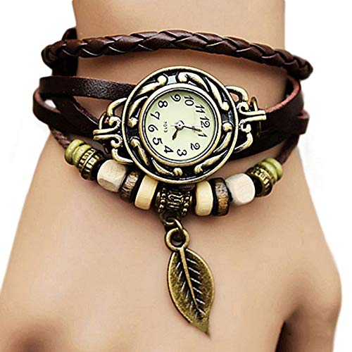 Bohemian Simple Bracelet Summer Party Gift Women Retro Faux Leather Bracelet Tree Leaf Decoration Quartz Wrist Watch - Coffee von Saterkali