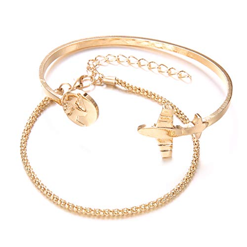 Damen-Armreif, Schmuckarmband, Valentinstagsgeschenk, 2 Stück/Set, Frauenkarte mit Flugzeug, offener Armreif, Armband, Handgelenkkette, dekorativer Schmuck – goldfarben von Saterkali