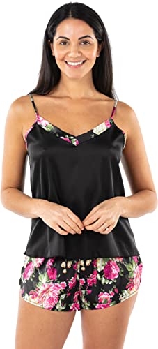 Satini Dessous Satin Schlafanzug-Set Mieder Shorts Schlafwäsche Nachtwäsche (Schwarz - Blumenmuster Schwarz und Rosa, XL) von Satini