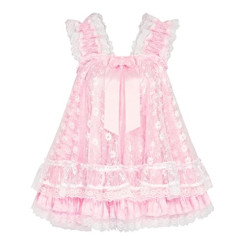 Satini Dessous Satin Sissy Babydoll-Stil Rüschen Rüschen Spitze Nachthemd Negligee Cosplay Nachtwäsche Kleid (Zartrosa - Weiß, S) von Satini