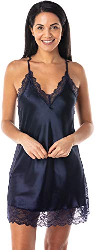 Satini Dessous Satin Spitze Hemdchen Nachthemd Unterkleid Schlafwäsche Nachtwäsche (Nachtblau, M) von Satini