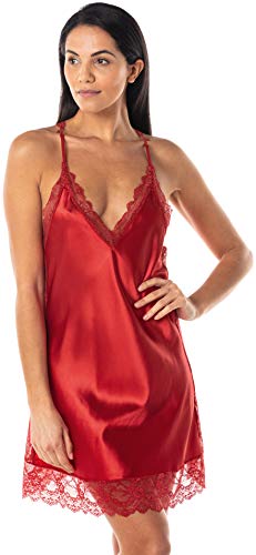 Satini Dessous Satin Spitze Hemdchen Nachthemd Unterkleid Schlafwäsche Nachtwäsche (Rot, M) von Satini