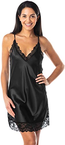 Satini Dessous Satin Spitze Hemdchen Nachthemd Unterkleid Schlafwäsche Nachtwäsche (Schwarz, XL) von Satini