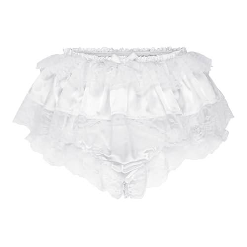 Satini Rüschen Spitze Sissy Gerafft Französisch Boy-Shorts Slips Dessous Seidig Satin Unterwäsche Höschen (Weiß - Weiße Spitze, XL) von Satini