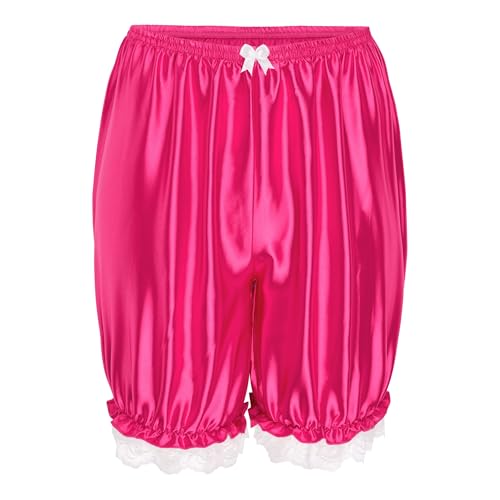 Satini Rüschen Spitze Sissy Gerafft Lolita Bloomers Shorts Seidig Satin Pumphose (Leuchtendes Pink, XL) von Satini