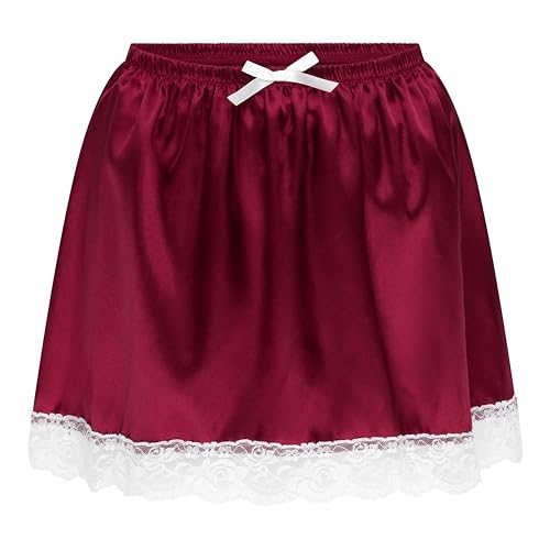 Satini Rüschen Spitze Sissy Gerafft Seidig Satin Unterkleid Petticoat Dolly-Rock (Weinrot, L) von Satini