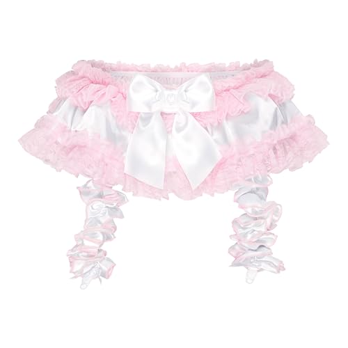 Satini Rüschen Spitze Sissy Seidig Satin Strumpfband Strumpfgürtel Dessous Boy-Shorts (Weiß, S) von Satini