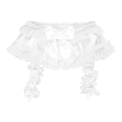 Satini Rüschen Spitze Sissy Seidig Satin Strumpfband der Straps Gürtel Dessous Boy-Shorts (Weiß - Weiße Spitze, M) von Satini