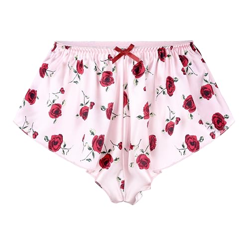 Satini Satin Geriffelte French Knickers Rock Shorts Höschen Unterwäsche (Zartrosa - rote Rosen, XXL) von Satini