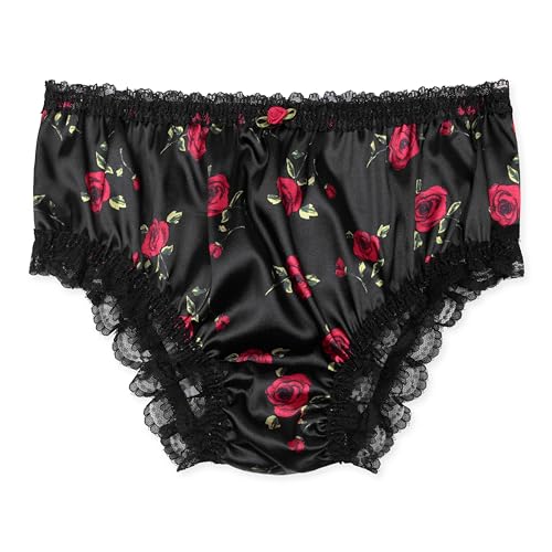 Satini Satin Gerüschte Spitze Sissy French Knickers Slips Höschen Unterwäsche (Schwarz - rote Rosen, XL) von Satini