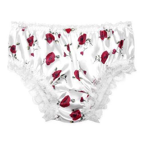 Satini Satin Gerüschte Spitze Sissy French Knickers Slips Höschen Unterwäsche (Weiß - rote Rosen, L) von Satini