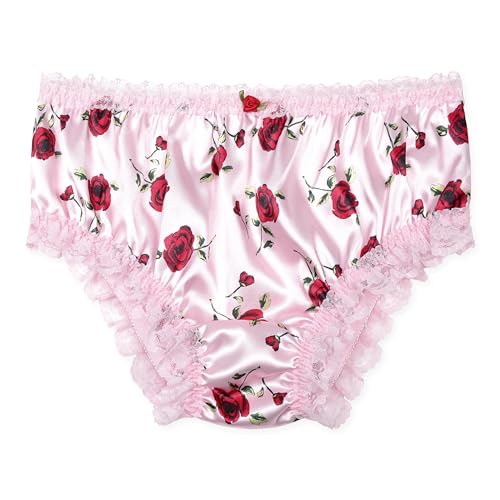 Satini Satin Gerüschte Spitze Sissy French Knickers Slips Höschen Unterwäsche (Zartrosa - rote Rosen, XL) von Satini