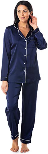 Satini Schlafanzug-Set Lang Button Down Kragen Satin Schlafwäsche Nachtwäsche Lounge-Mode (Nachtblau, XL) von Satini