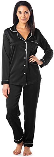 Satini Schlafanzug-Set Lang Button Down Kragen Satin Schlafwäsche Nachtwäsche Lounge-Mode (Schwarz, L) von Satini