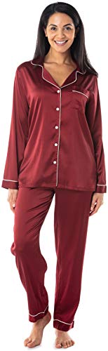 Satini Schlafanzug-Set Lang Button Down Kragen Satin Schlafwäsche Nachtwäsche Lounge-Mode (Weinrot, L) von Satini