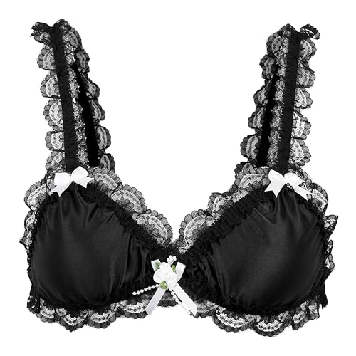 Satini Sissy Rüschen Spitze Tailliert Satin Bralette BH (Schwarz, L) von Satini