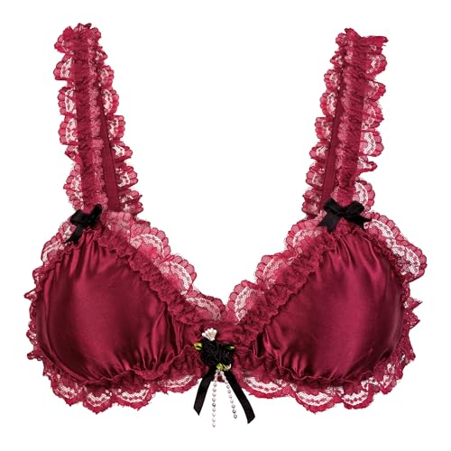 Satini Sissy Rüschen Spitze Tailliert Satin Bralette BH (Weinrot, L) von Satini
