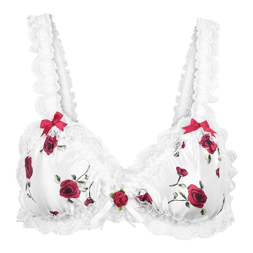 Satini Sissy Rüschen Spitze Tailliert Satin Bralette BH (Weiß - rote Rosen, XL) von Satini