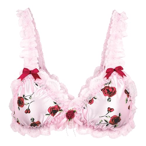 Satini Sissy Rüschen Spitze Tailliert Satin Bralette BH (Zartrosa - rote Rosen, L) von Satini