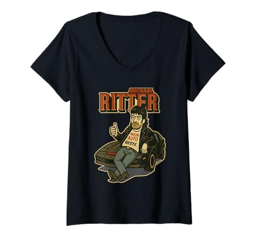 Damen Ritter Retro Auto Kult 80er TV Serie Parodie T-Shirt mit V-Ausschnitt Damen Ritter Retro Auto Kult 80er TV Serie Parodie T-Shirt mit V-Ausschnitt von Satire Auto und TV Serien Humor Vintage Grafik