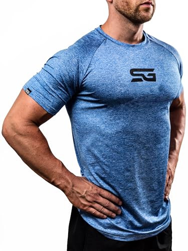 Satire Gym® - Fitness Slim Fit T-Shirt Herren - Funktionelles & schnell trocknendes Sportshirt Herren Kurzarm – Herren Fitness Shirt als Bodybuilding Shirt & Workout Gym Shirt (L, blau meliert) von Satire Gym