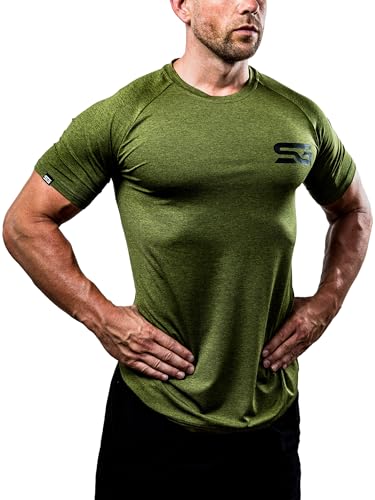 Satire Gym® - Fitness Slim Fit T-Shirt Herren/Funktionelles & schnell trocknendes Sportshirt Herren Kurzarm – Herren Fitness Shirt als Bodybuilding Shirt & Workout Gym Shirt (L, olivgrün meliert) von Satire Gym