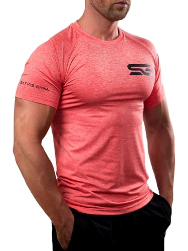 Satire Gym® - Fitness Slim Fit T-Shirt Herren/Funktionelles & schnell trocknendes Sportshirt Herren Kurzarm – Herren Fitness Shirt als Bodybuilding Shirt & Workout Gym Shirt (L, rot meliert) von Satire Gym