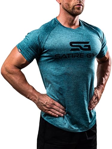 Satire Gym® - Fitness Slim Fit T-Shirt Herren/Funktionelles & schnell trocknendes Sportshirt Herren Kurzarm – Herren Fitness Shirt als Bodybuilding Shirt & Workout Gym Shirt (M, Petrol meliert) von Satire Gym