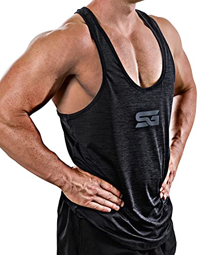 Satire Gym® - Fitness Stringer Tank Top Herren/Schnell trocknende Herren Sportbekleidung -Tanktop Herren - Perfekter Bodybuilding Stringer & Trainings Tank Top (schwarz meliert - Grauer Print, L) von Satire Gym