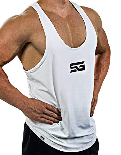 Satire Gym - Fitness Stringer Herren - Schnell trocknende & Funktionelle Herren Sportbekleidung -Tanktop Herren - Bodybuilding & Trainings Tank Top (weiß - schwarzer Print, L) von Satire Gym