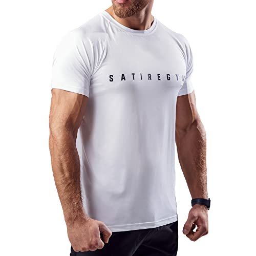 Satire Gym - Sport Shirt Männer atmungsaktiv - enganliegendes & schnelltrocknendes Fitness Tshirt Herren - Sportbekleidung für Fitnessstudio & Bodybuilding (Weiß, L) von Satire Gym