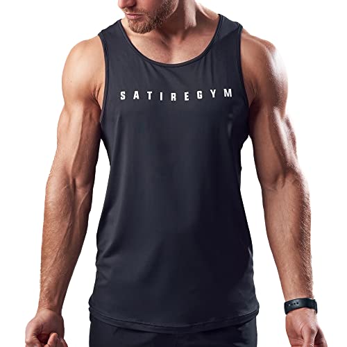 Satire Gym® - Fitness Tank Top Herren - Funktionelles & schnell trocknendes Sportshirt für Männer ärmellos – Männer Fitness Tank Top als Gym Shirt (schwarz, S) von Satire Gym