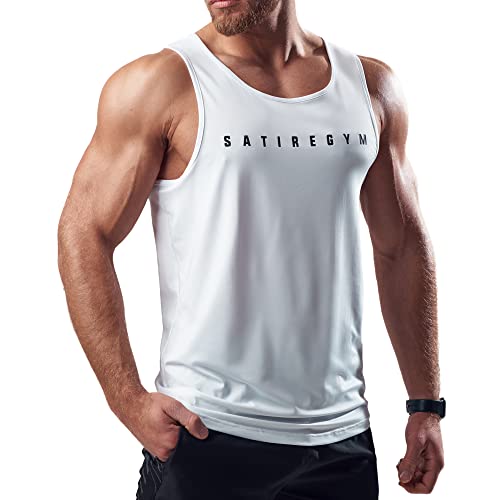 Satire Gym® - Fitness Tank Top Herren - ärmelloses & atmungsaktives Tank Top für Männer – Männer Fitness Tank Top schnell trocknend als Gym Shirt (Weiß, L) von Satire Gym