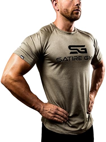 Satire Gym® - Fitness Slim Fit T-Shirt Herren/Funktionelles & schnell trocknendes Sportshirt Herren Kurzarm – Herren Fitness Shirt als Bodybuilding Shirt & Workout Gym Shirt (L, Khaki meliert) von Satire Gym