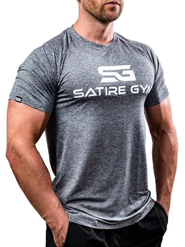 Satire Gym® - Fitness Slim Fit T-Shirt Herren/Funktionelles & schnell trocknendes Sportshirt Herren Kurzarm – Herren Fitness Shirt als Bodybuilding Shirt & Workout Gym Shirt (L, grau meliert) von Satire Gym