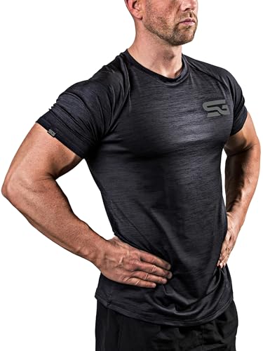 Satire Gym® - Fitness Slim Fit T-Shirt Herren - Funktionelles & schnell trocknendes Sportshirt Herren Kurzarm – Herren Fitness Shirt als Bodybuilding Shirt & Workout Gym Shirt (L, schwarz meliert) von Satire Gym