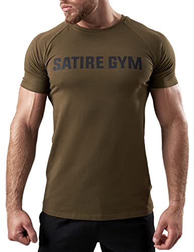 Satire Gym - Fitness Slim Fit T-Shirt aus Baumwolle Herren/Eng sitzende & schnell trocknende Sportbekleidung für Männer – Herren Sport Shirt als Fitness Shirt & Gym Shirt (Khaki, XXL) von Satire Gym