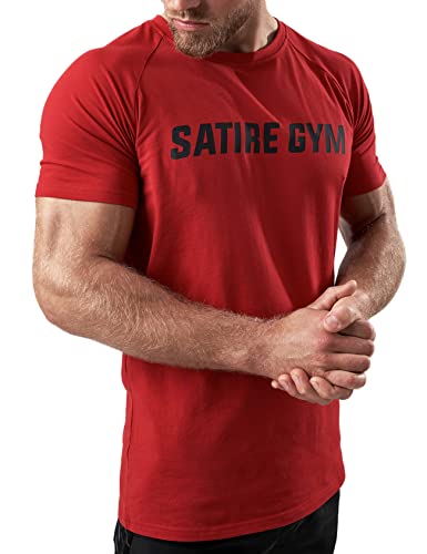 Satire Gym - Fitness Slim Fit T-Shirt aus Baumwolle Herren/Eng sitzende & schnell trocknende Sportbekleidung für Männer – Herren Sport Shirt als Fitness Shirt & Gym Shirt (Rot, L) von Satire Gym