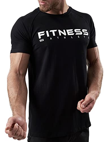 Satire Gym - Fitness Slim Fit T-Shirt aus Baumwolle Herren/Eng sitzende & schnell trocknende Sportbekleidung für Männer – Herren Sport Shirt als Gym & Fitness Shirt (Schwarz mit Athlete Print, M) von Satire Gym