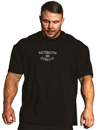 Satire Gym - Pump Cover Gym Shirt Herren Oversize - Fitness T-Shirt Herren Gym Oversize Passform als Pump Cover Tshirt für Bodybuilding (L, Schwarz SG Athlete) von Satire Gym