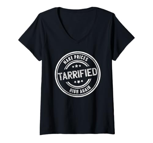 Damen Lustiger Tarrified Politischer Humor Tarrif Distressed Stempel T-Shirt mit V-Ausschnitt von Satirical Sarcastic Saying Politic Humor