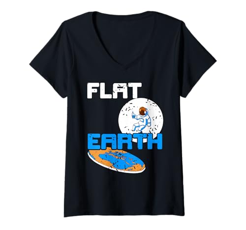 Damen Flache Erde Entdecker Satire Astronaut Spaß Humor T-Shirt mit V-Ausschnitt Damen Flache Erde Entdecker Satire Astronaut Spaß Humor T-Shirt mit V-Ausschnitt von Satirischer Weltraum Witz und Memes Fans