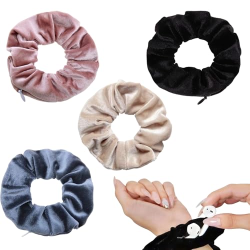 4 Stück Haargummis Damen mit Reißverschluss-Tasche, Elastische Samt Scrunchies, Reise-Gadgets für Frauen, Geheimverstecke für Wertsachen von Satiskid