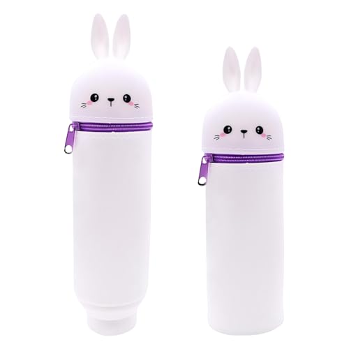 Kawaii Federmäppchen, 2-in-1 Schulmäppchen aus weichem Silikon, Stand up Federmäppchen Tiere Cartoon Bleistifthalter Schulgeschenk für Kinder Mädchen Jungen (Weißes Kaninchen) von Satiskid